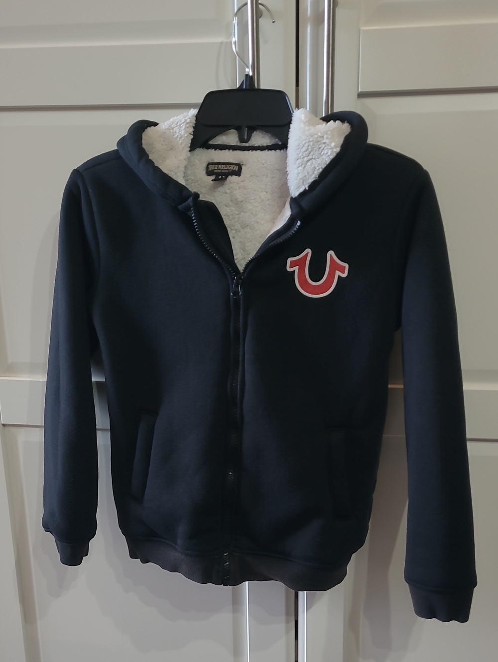 Kids Black True ReligionHoodie S/8 Sherpa lined.used Some Faded bottom 2pockets
